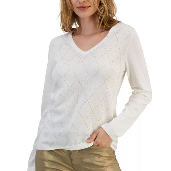 BRAND NEW WOMEN'S IVY STUDDED ARGYLE V-NECK SWEATER, CREATED FOR MACY'S - Picture 1 of 13